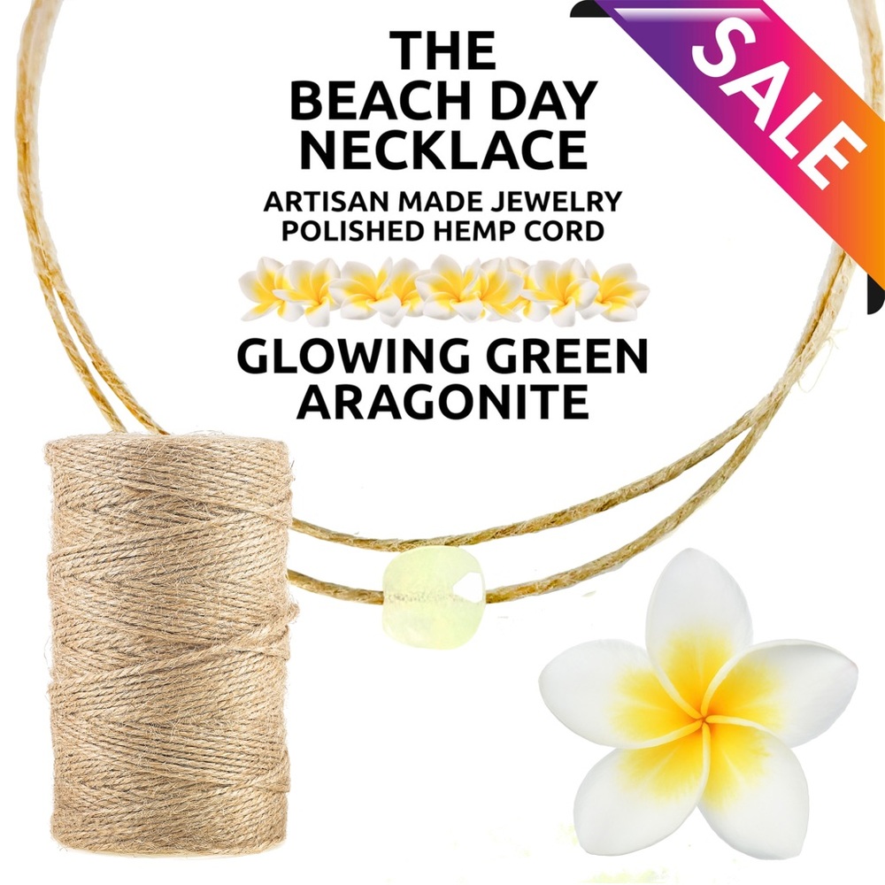 Island Sunset Artisan Beach Day Hemp Necklace Glowing Green Aragonite Faceted